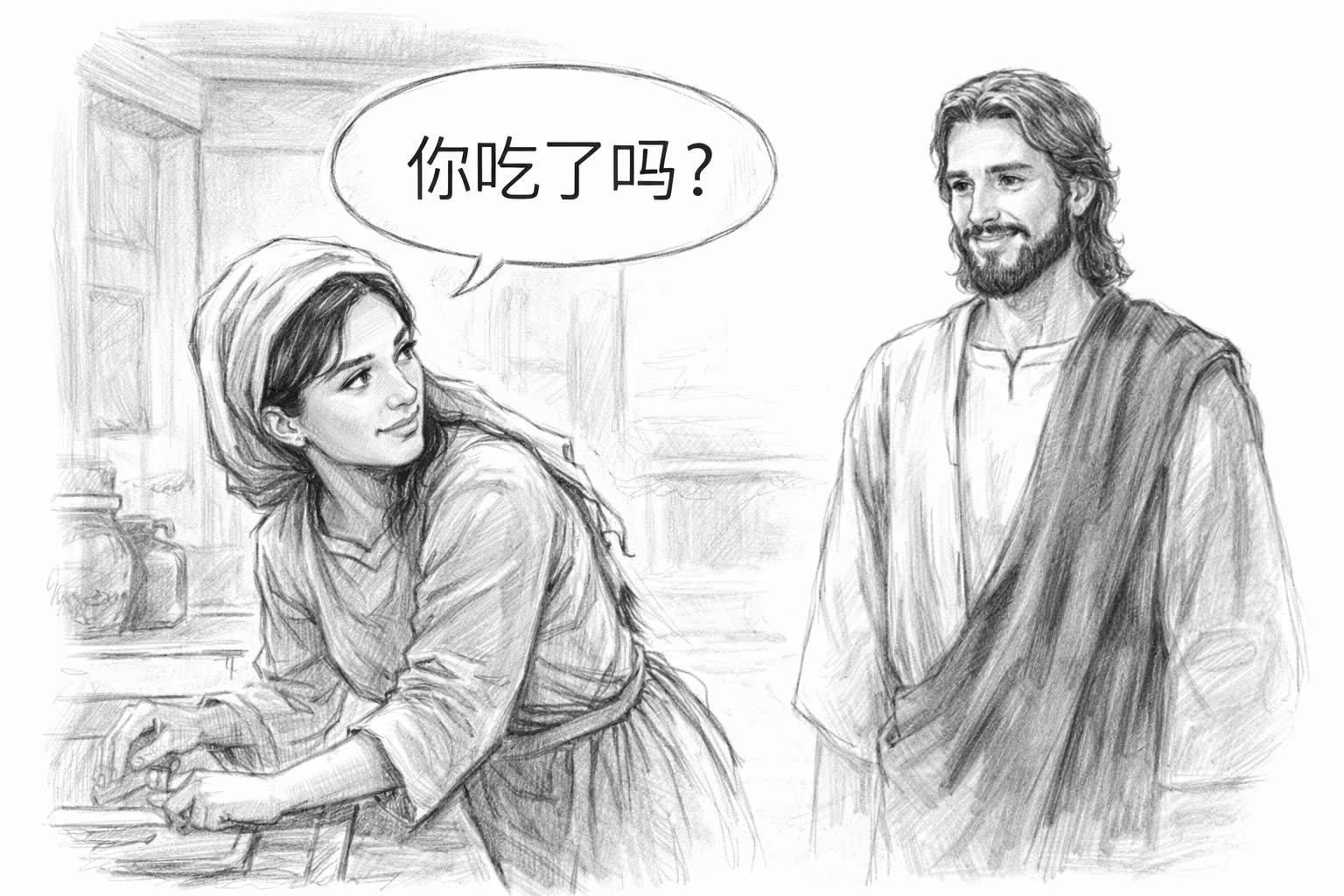Mary asks Jesus '你吃了吗？(Ni chi le ma?)'