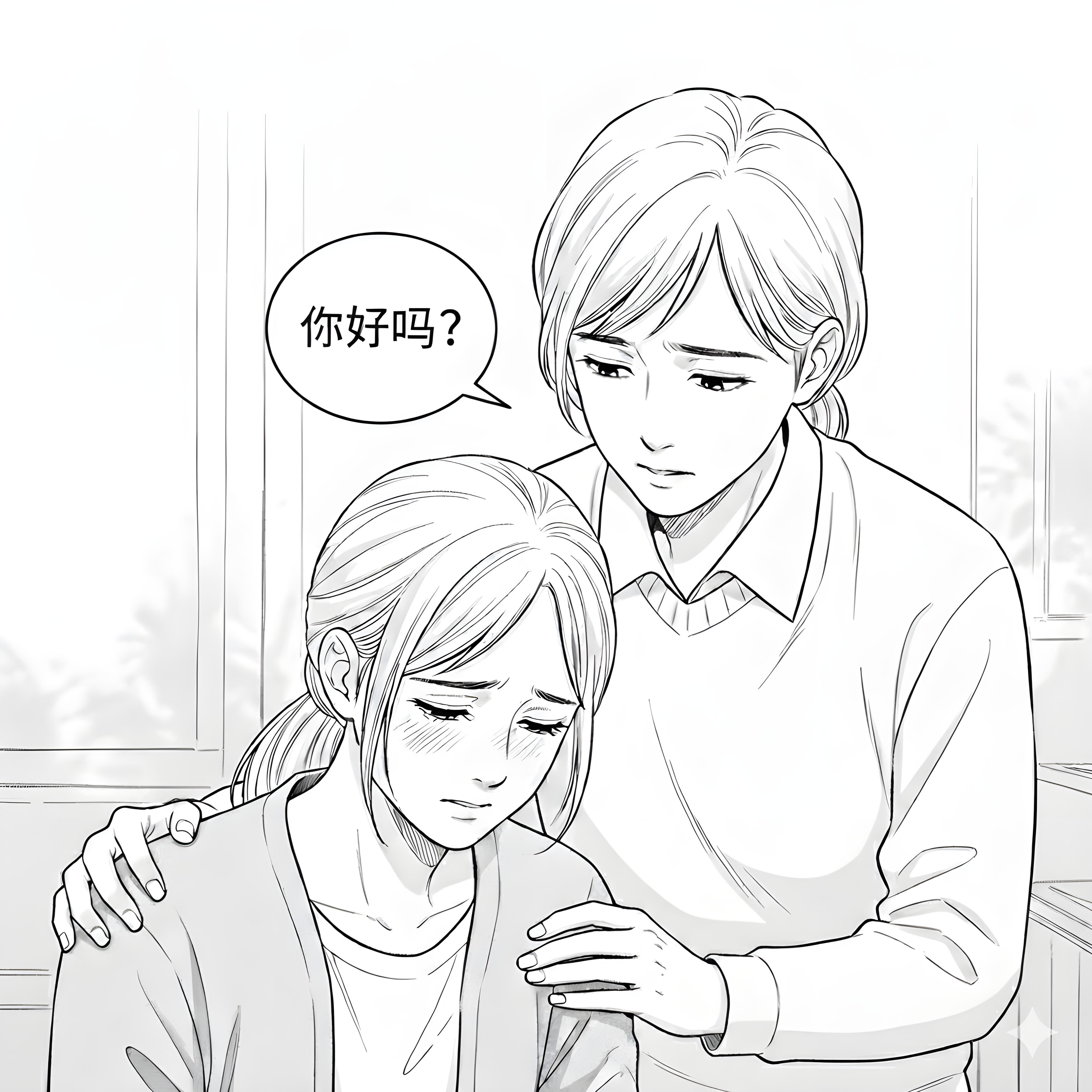 One person comforting another person who is upset, with a speech bubble saying 'Ni hao ma?'